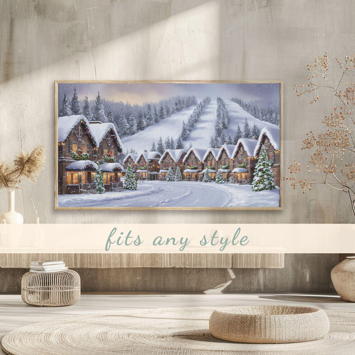 Ski Resort Village Glowing Christmas Chalets Snowy Slopes Scene Poster - Image 3