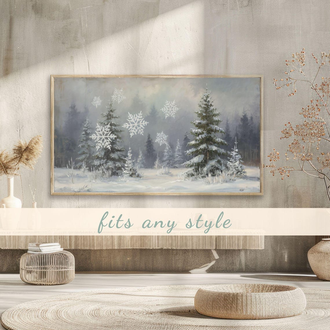 Snowy Pine Forest With Giant Snowflakes Misty Mountains Winter Poster - Image 3