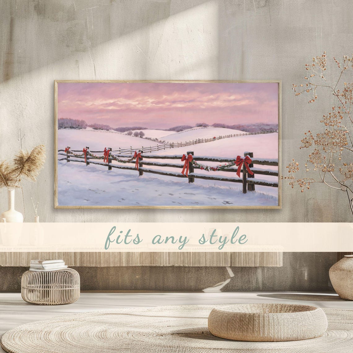 Frame Tv Art Christmas Frame Tv Art 4k Vintage Landscape Painting Snowy Fence Holiday Garlands Tv Wallpaper - Image 3