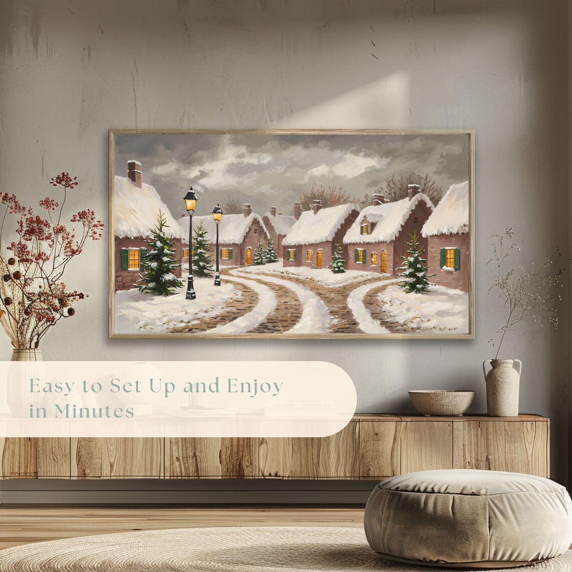 Snowy Village Winter Scene with Glowing Lamps Vintage Landscape Poster - Image 5