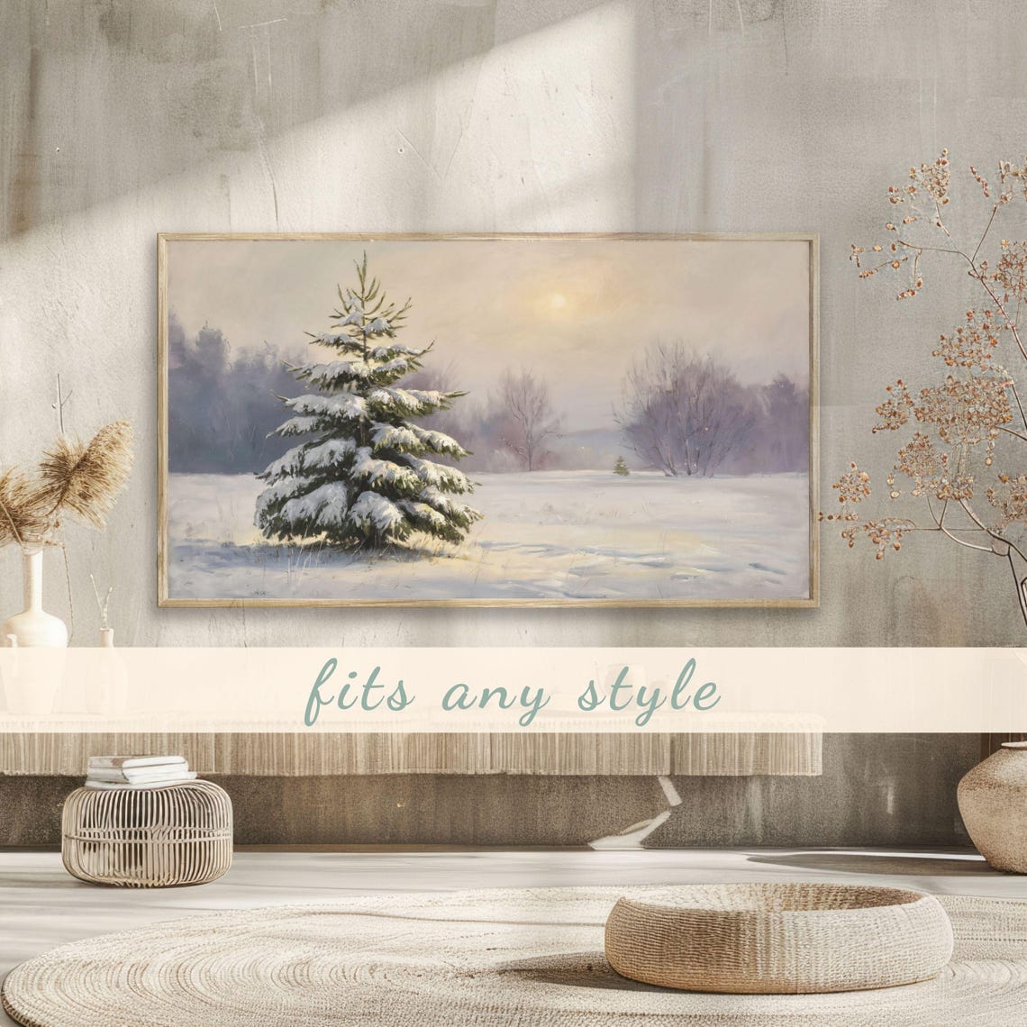 Lone Snow Covered Pine Tree Winter Field Minimalist Painting Poster - Image 3