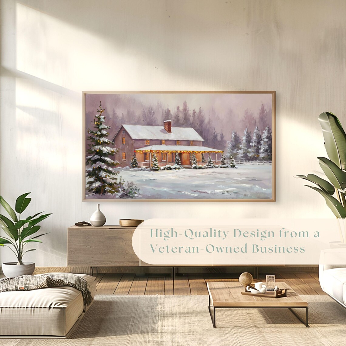 Farmhouse Porch Wrapped In Christmas Lights Snowy Night Vintage Poster - Image 4