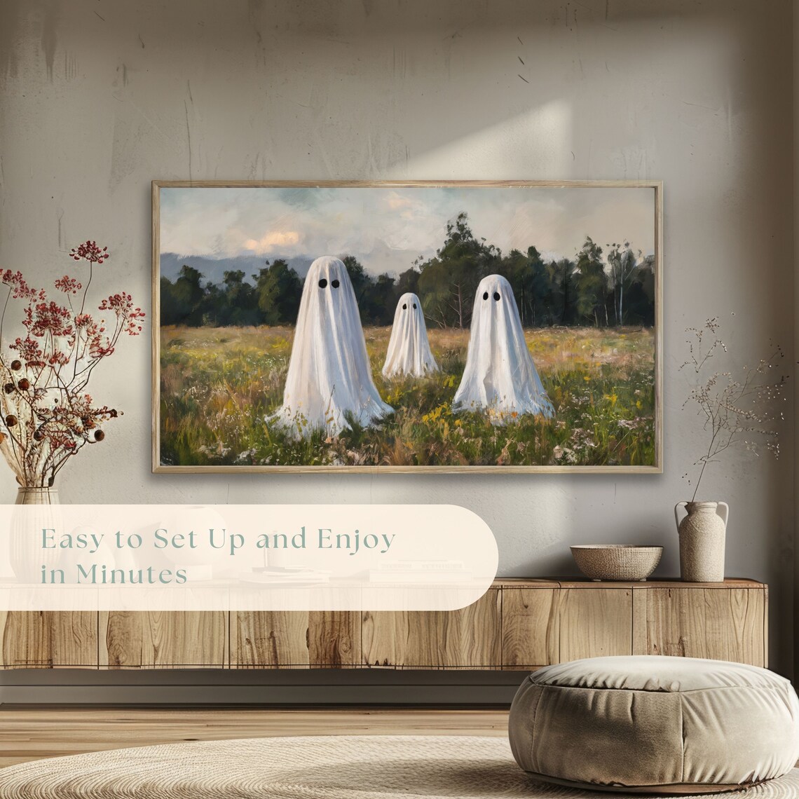 Three Friendly Sheet Ghosts Standing In Sunny Meadow Vintage Painting Poster - Image 5