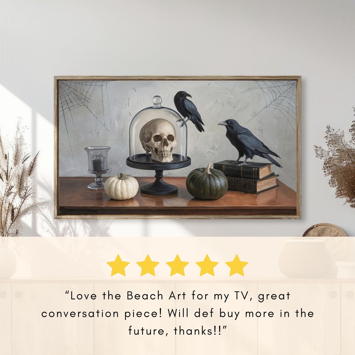Eerie Halloween Still Life Skull Under Glass Crows and Books Poster - Image 2
