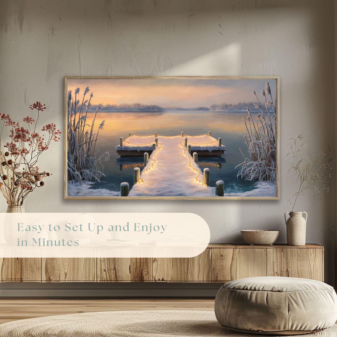 Snow Covered Dock String Lights Dawn Lake Winter Painting Poster - Image 5