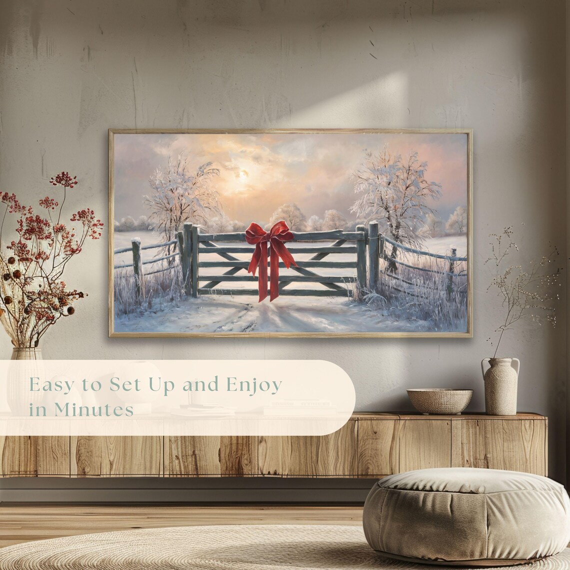 Rustic Wooden Farm Gate Giant Red Bow Snowy Sunrise Winter Poster - Image 5