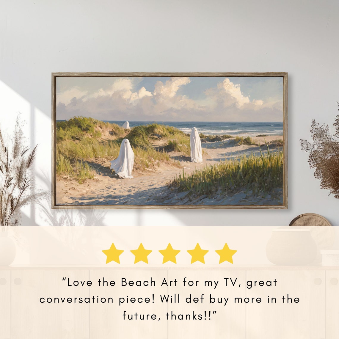 Sheet Ghosts Wandering Coastal Dunes by the Ocean Halloween Poster - Image 2