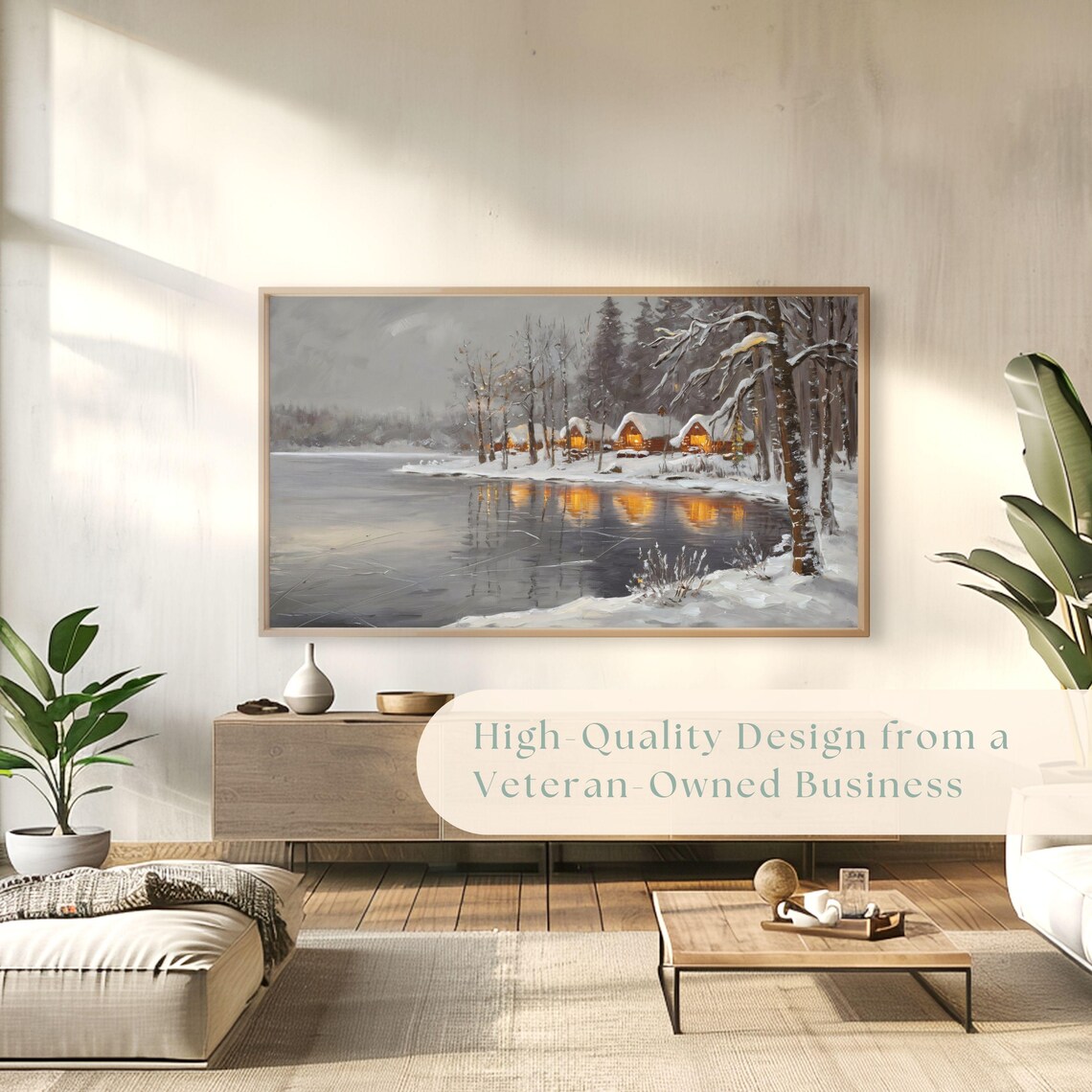 Snowy Lakeside Cabins Golden Lights Cozy Winter Painting Poster - Image 4