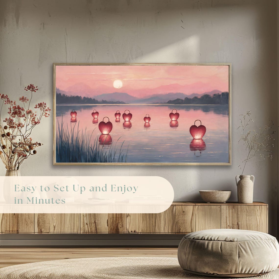 Heart Lanterns Floating Lake Pink Sunset Romantic Painting Poster - Image 5