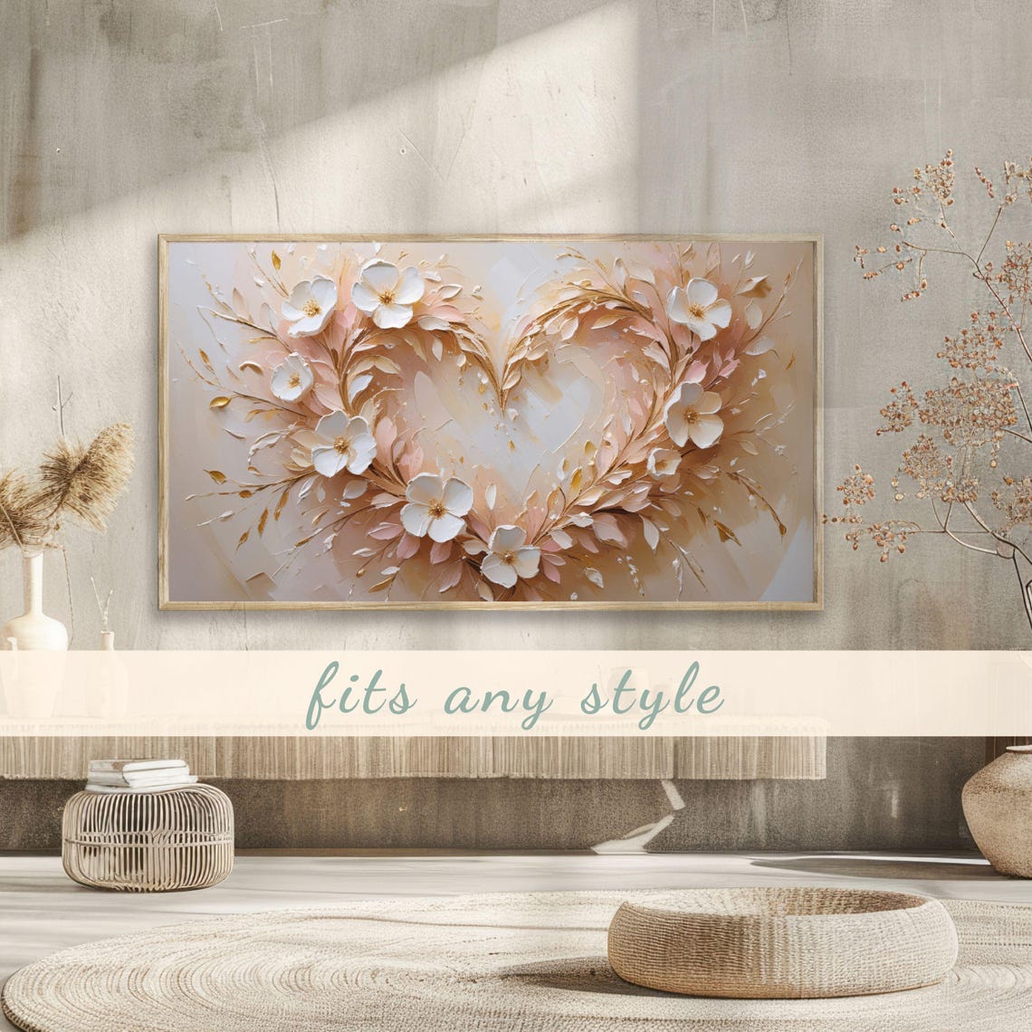 White Floral Heart Wreath Gold Impasto Romantic Painting Poster - Image 3
