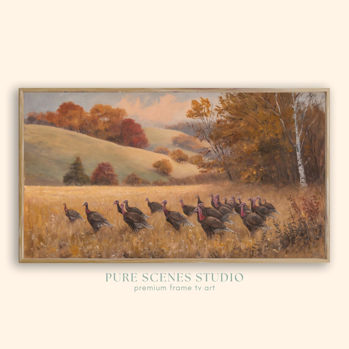 Wild Turkey Flock Crossing Golden Autumn Field Vintage Painting Poster
