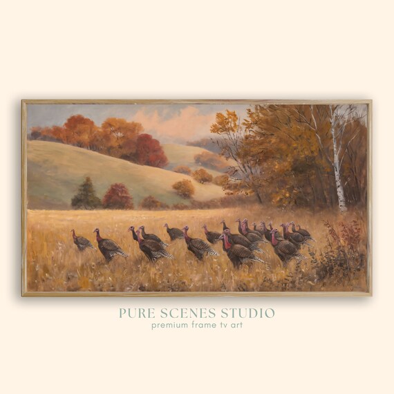 Wild Turkey Flock Crossing Golden Autumn Field Vintage Painting Poster