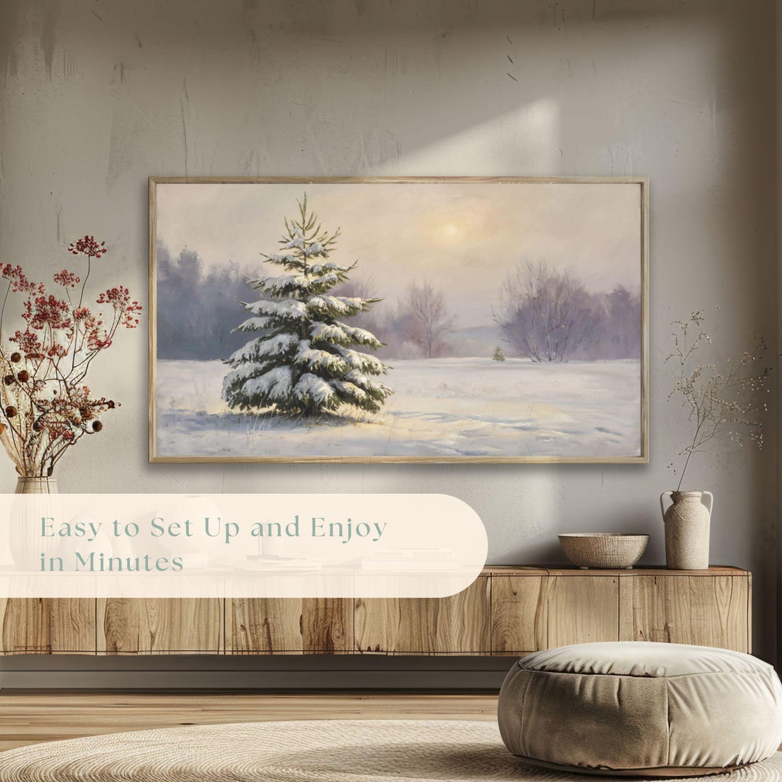 Lone Snow Covered Pine Tree Winter Field Minimalist Painting Poster - Image 5