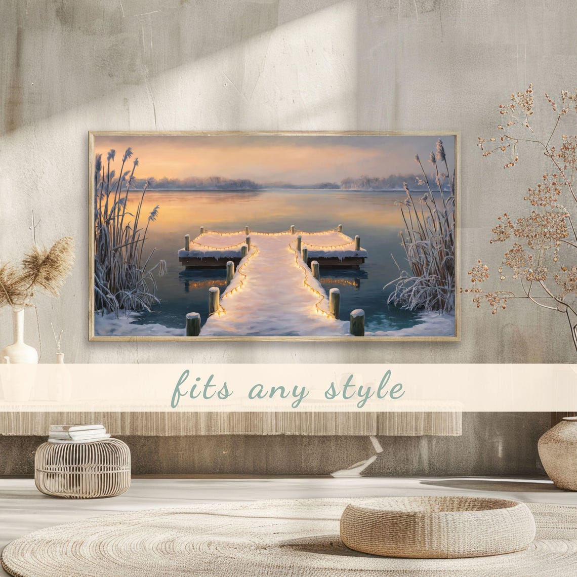 Snow Covered Dock String Lights Dawn Lake Winter Painting Poster - Image 3