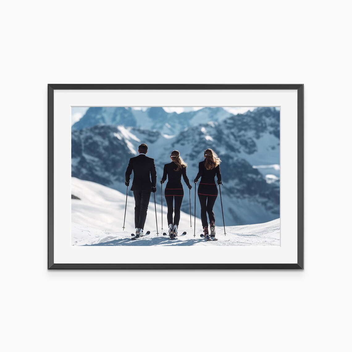 Three Skiers Facing Snowy Peaks Winter Sports Photography Poster