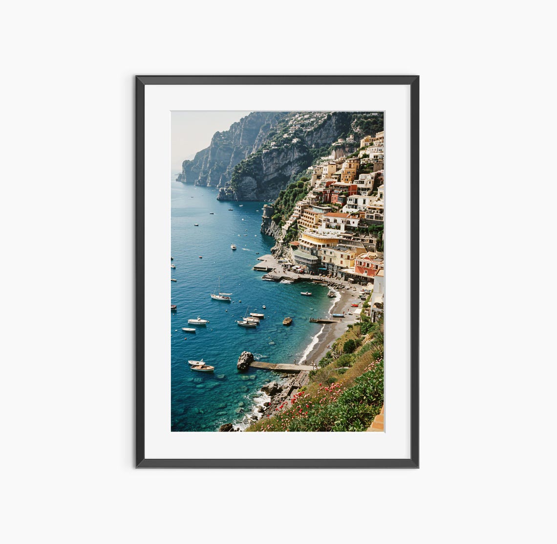 Pastel Cliffside Village Cascading Into Turquoise Bay Coast Poster