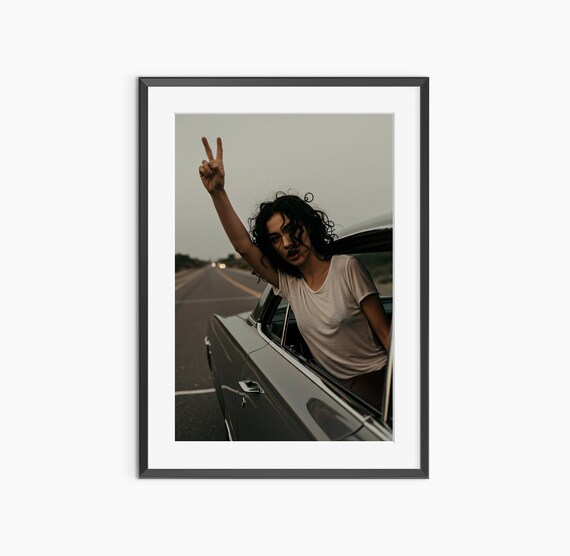 Peace Sign Girl Leaning Out Vintage Car Moody Road Trip Photo Poster