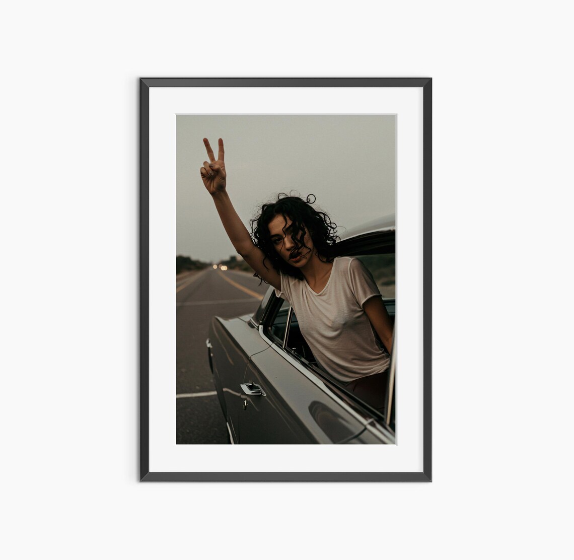 Peace Sign Girl Leaning Out Vintage Car Moody Road Trip Photo Poster