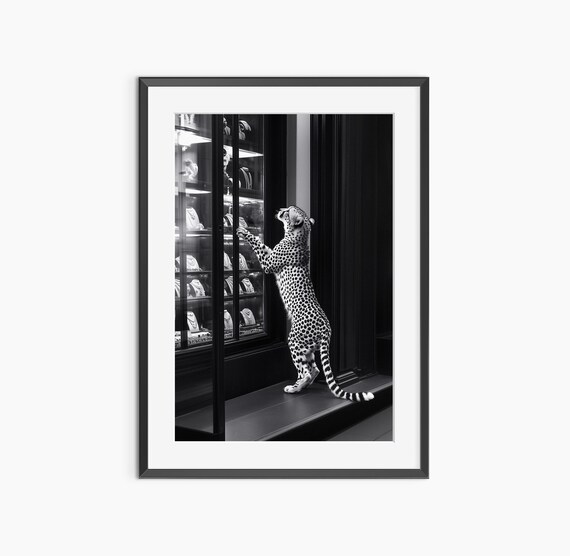 Funny Cheetah Window Shopping Jewelry Store Black and White Poster