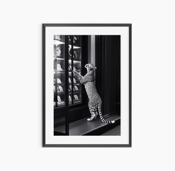 Panther Gazing At Jewelry Store Photography Prints Fashion Print Black And White Wall Art Museum Grade Poster