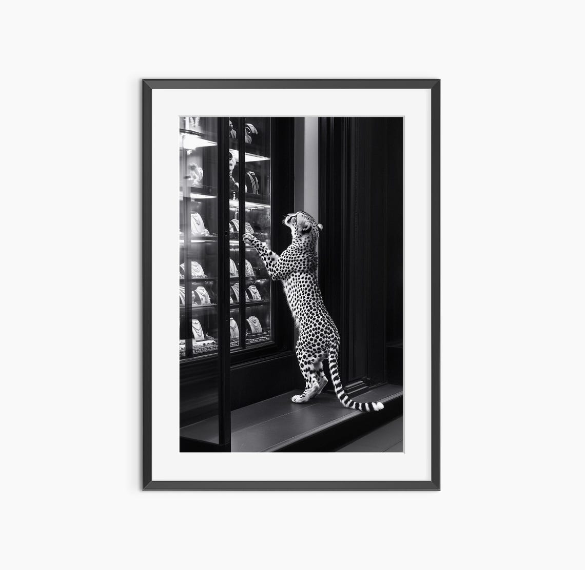 Funny Cheetah Window Shopping Jewelry Store Black and White Poster