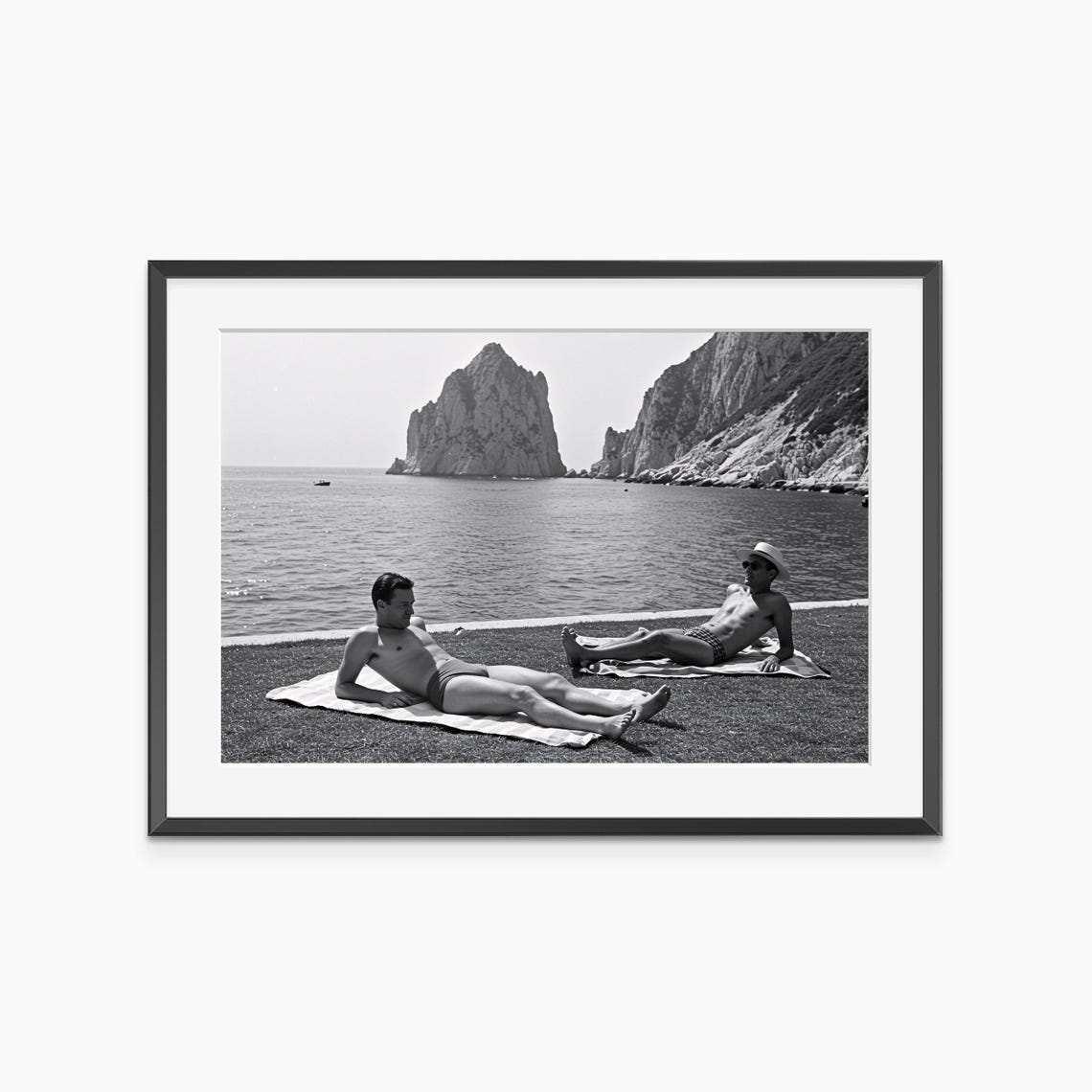 Vintage Black and White Men Sunbathing Rocky Coast Photo Poster