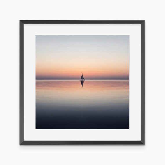 Lone Sailboat Sunset Calm Ocean Minimalist Photography Print