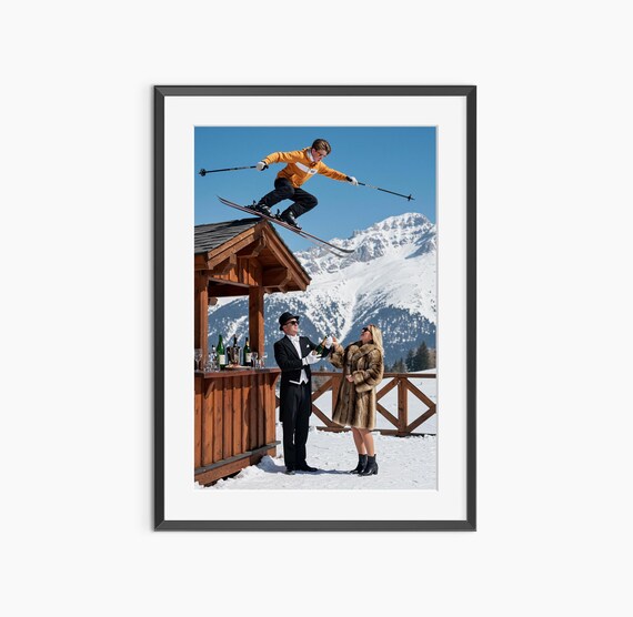 Vintage Ski Resort Daredevil Jump Over Chalet Champagne Glam Poster
