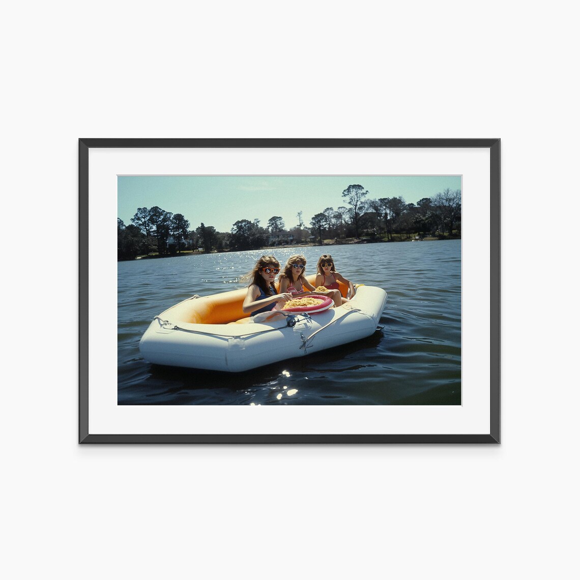 Girls Picnic Inflatable Raft Lake Day Retro Summer Photo Poster