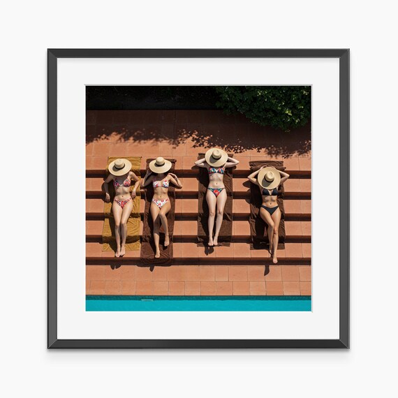Girls Sunbathing Poolside Aerial View Summer Fashion Photo Poster
