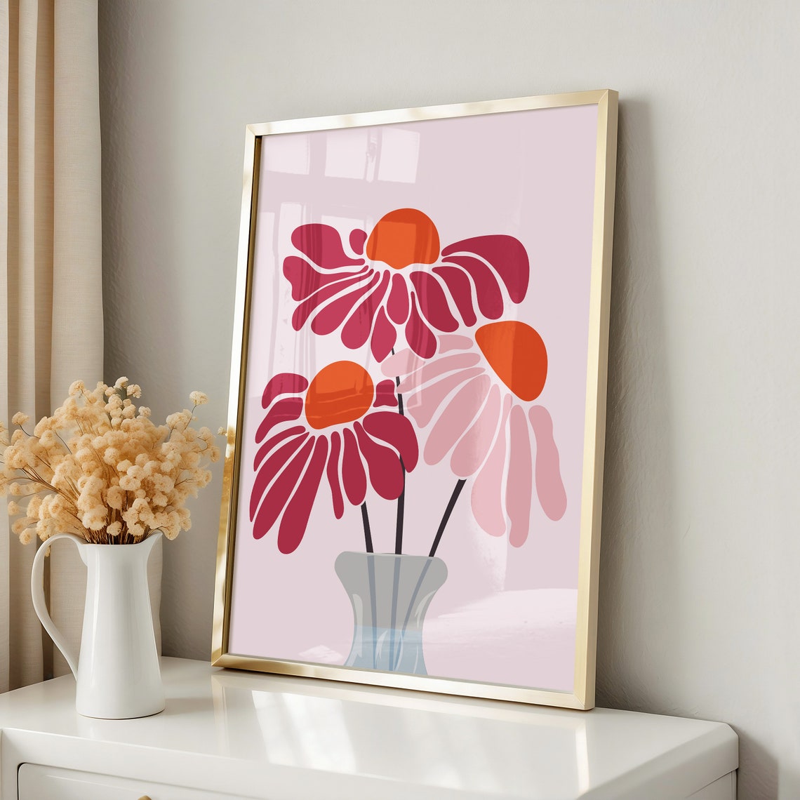 Three Magenta Daisies in a Glass Vase Retro Mid Century Wall Art - Image 3