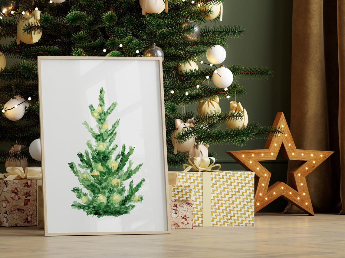 Watercolor Christmas Tree Glowing Lights Minimalist Holiday Poster - Image 2