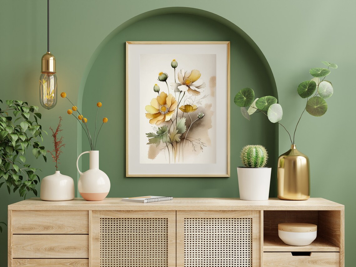 Watercolor Yellow Wildflowers Botanical Minimalist Art Poster