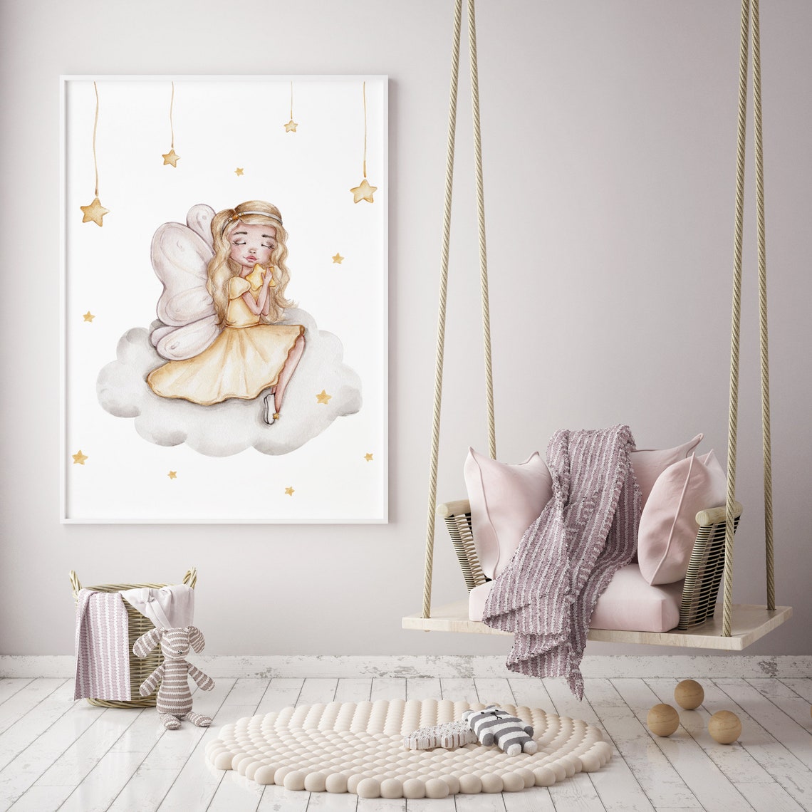 Watercolor Fairy on a Cloud With Stars Nursery Girls Room Poster - Image 2