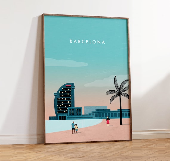 Barcelona Spain Coastal Sail Building Beach Palm City Poster