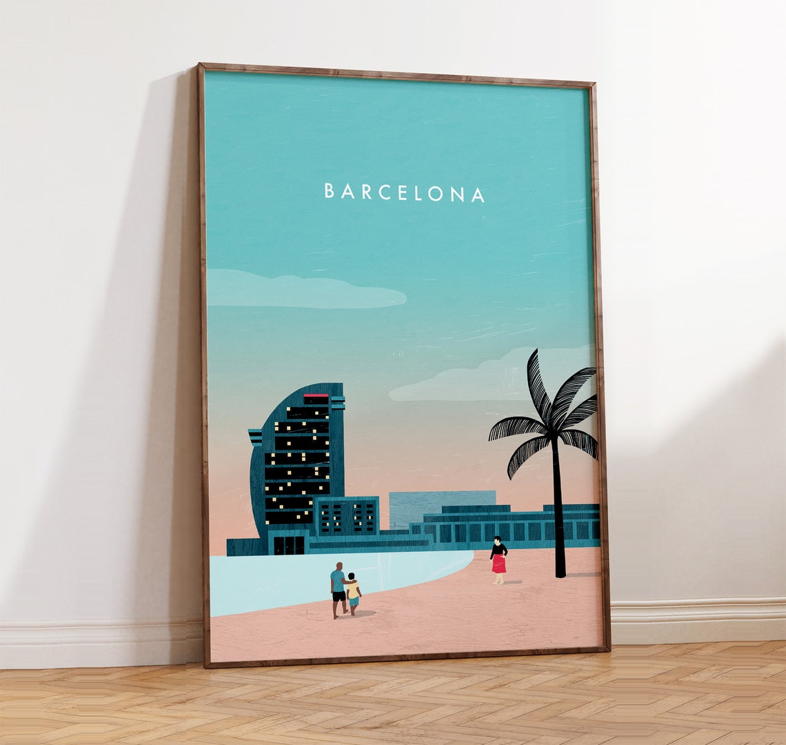 Barcelona Spain Coastal Sail Building Beach Palm City Poster