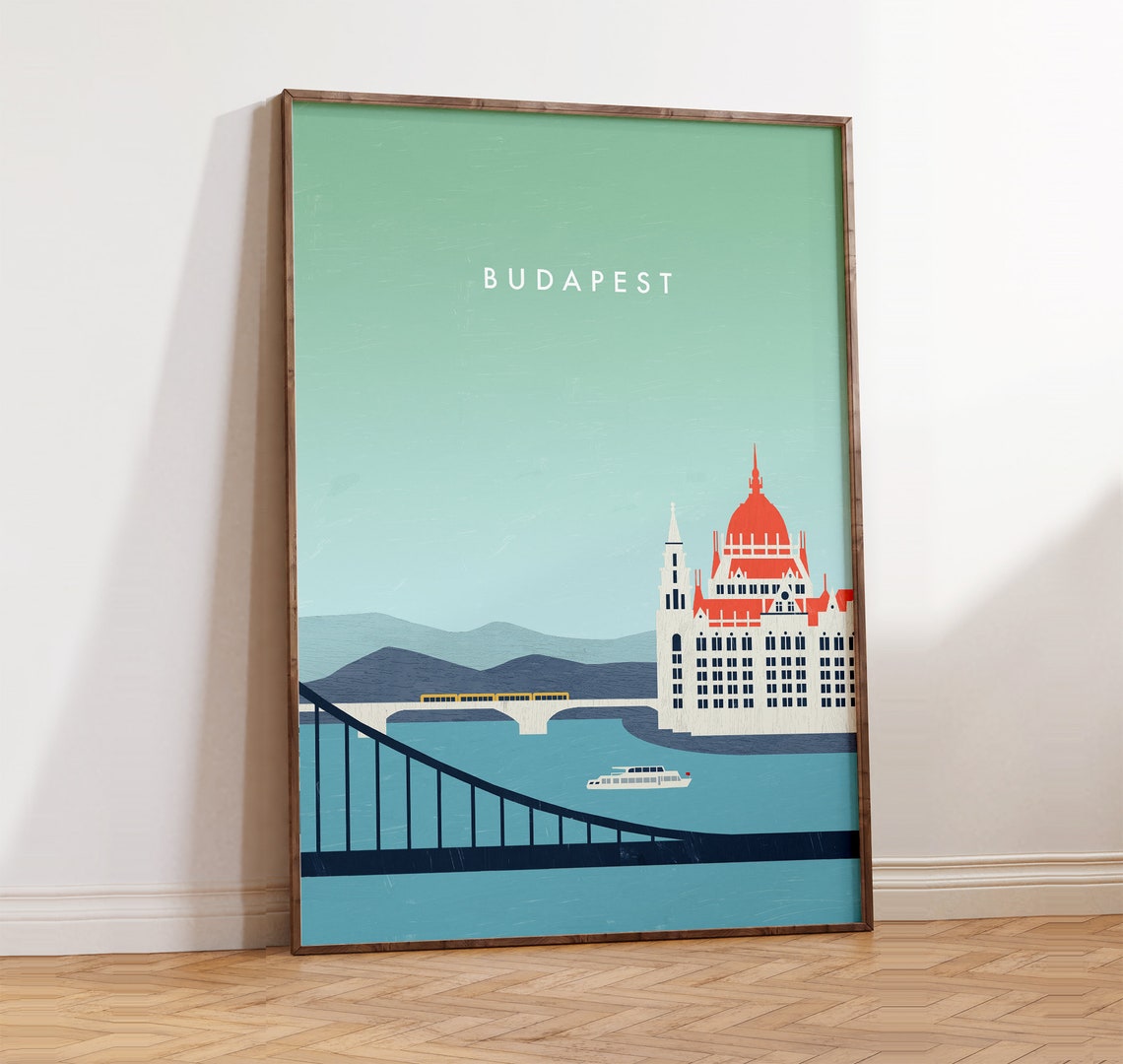 Budapest Hungary Parliament Danube River Bridge Travel Poster