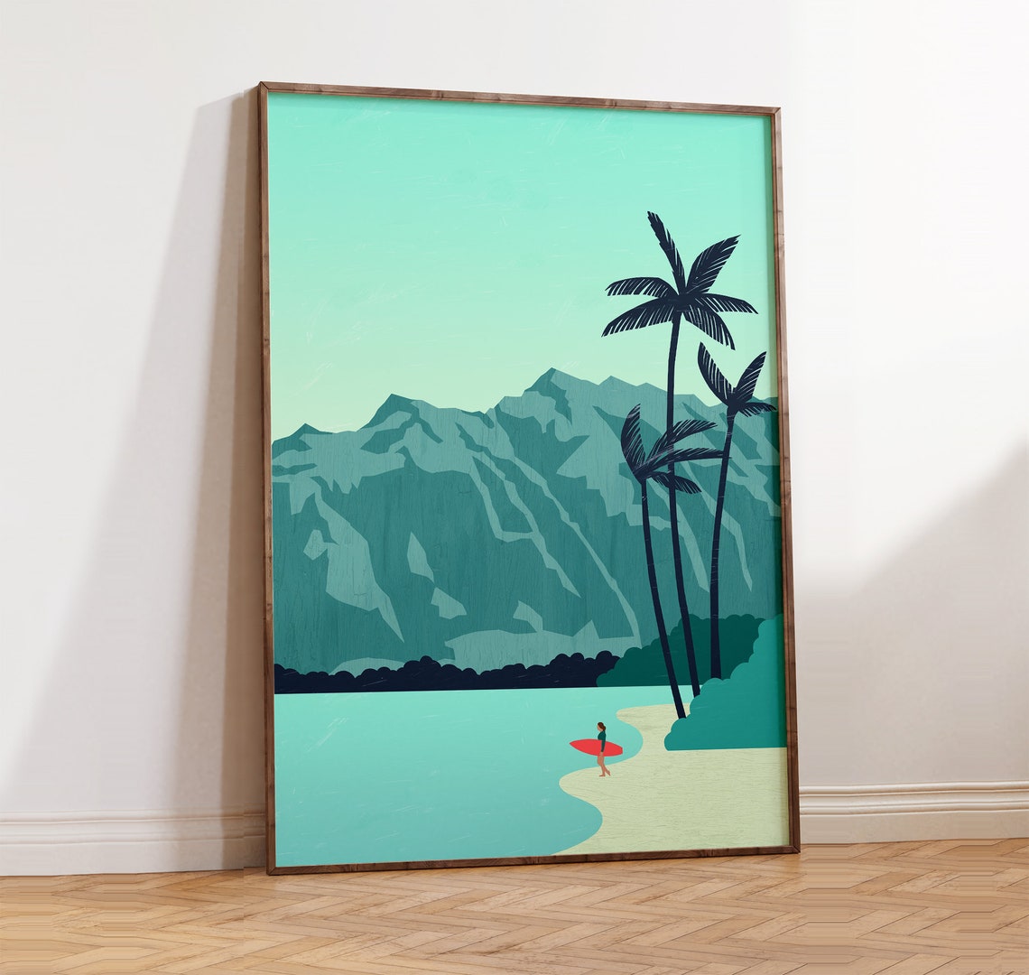 Tropical Island Surf Beach Palm Trees Aqua Lagoon Art Poster