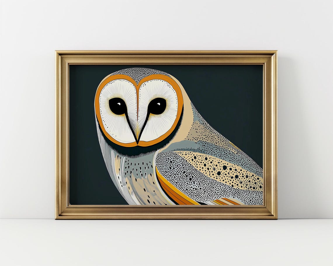 Barn Owl Portrait On Deep Teal Retro Art Deco Bird Art Poster