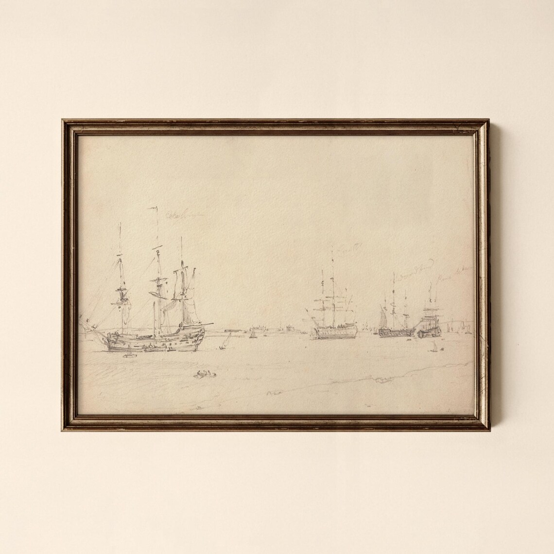 Vintage Pencil Sketch of Majestic Tall Ships at Anchor Poster