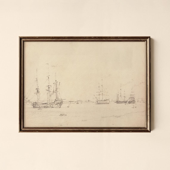 Vintage Pencil Sketch of Majestic Tall Ships at Anchor Poster