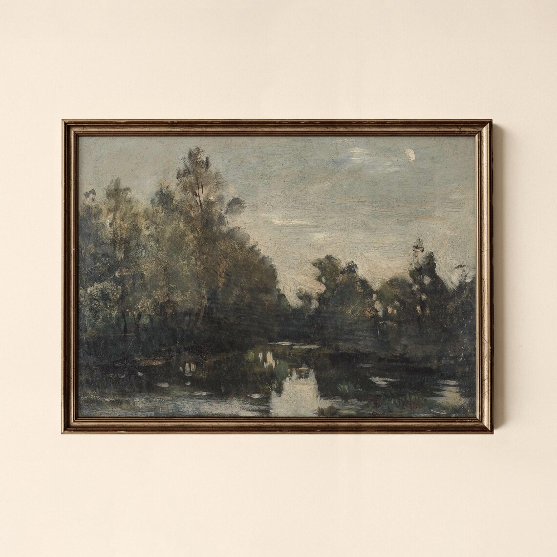 Vintage Forest Lake Oil Painting Misty Trees Calm Water Wall Art