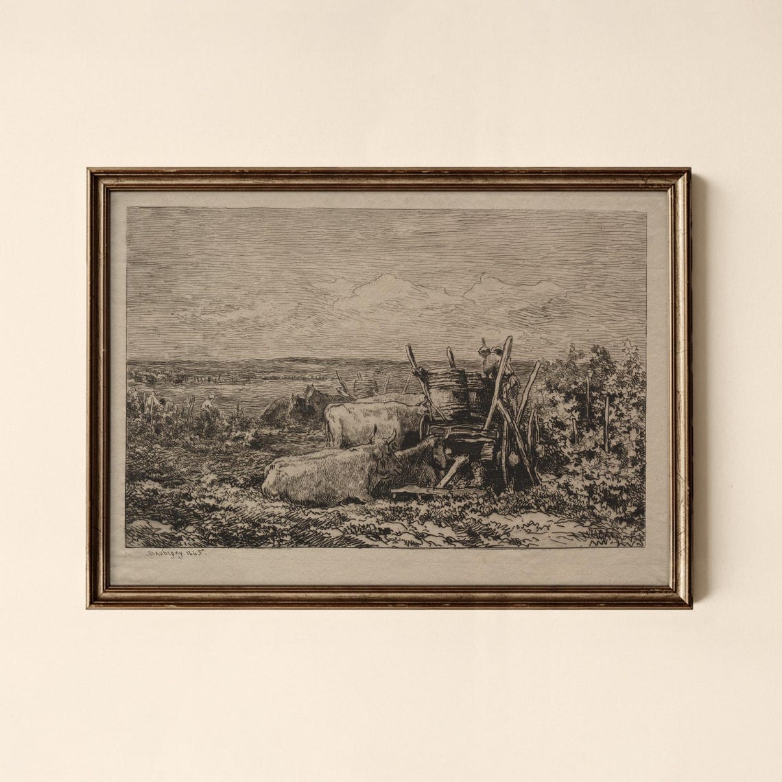 Cattle Resting Beside Old Farm Cart Vintage Engraving Art Print