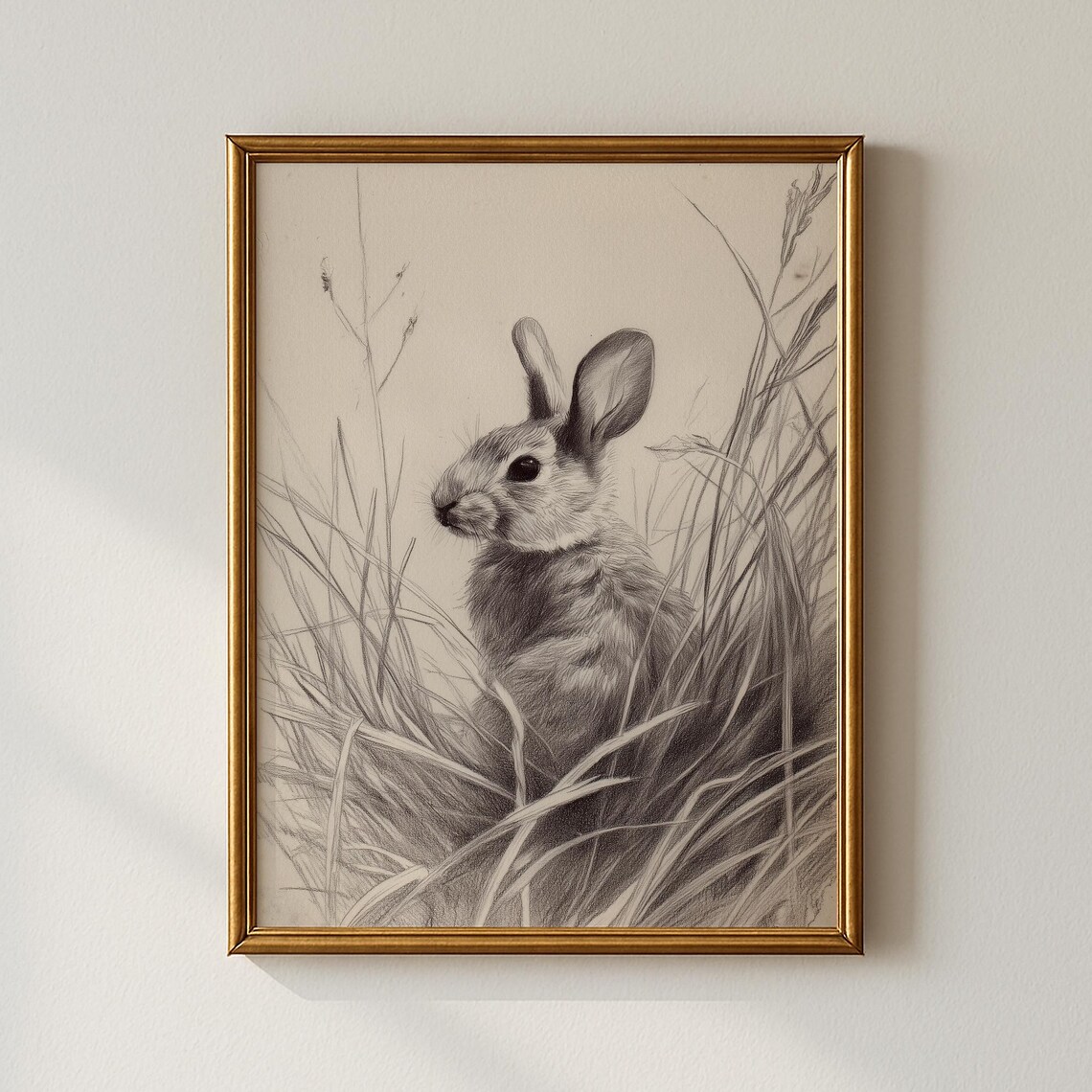 Rabbit in Tall Grass Pencil Sketch Woodland Animal Art Poster