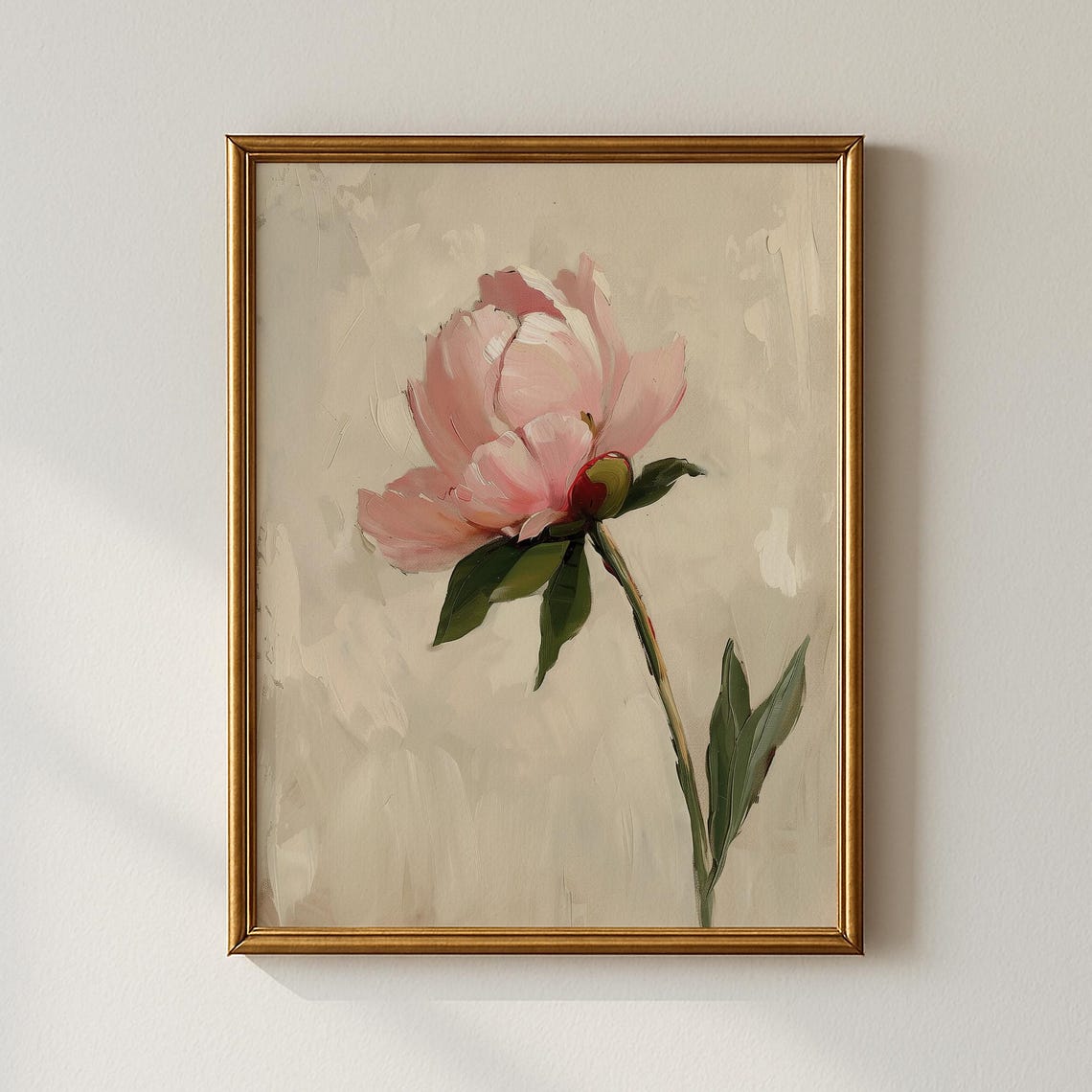 Single Pink Peony Bloom Minimalist Oil Painting Floral Wall Art