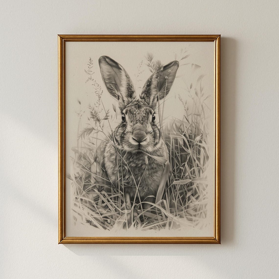 Rabbit In Tall Grass Charcoal Sketch Vintage Wildlife Poster