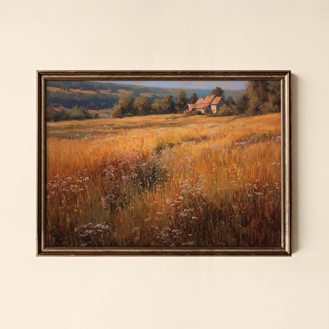 Golden Countryside Meadow Farmhouse Vintage Landscape Art Poster