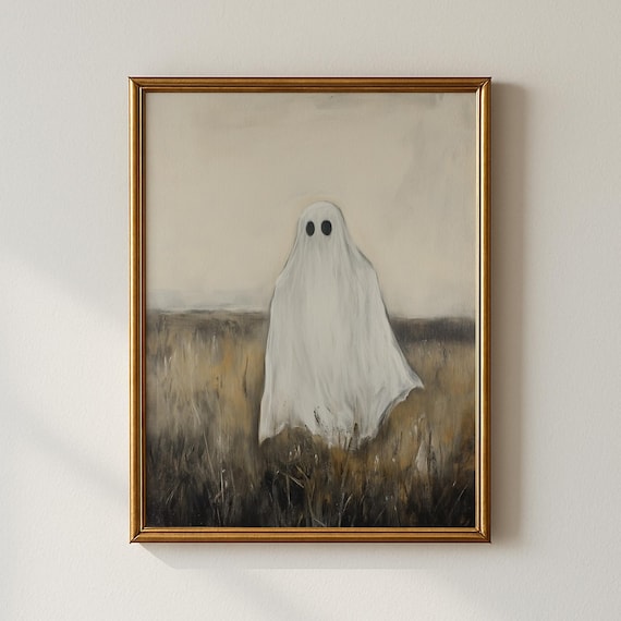 Minimalist Lonely Ghost in Moody Neutral Field Modern Halloween Art Print