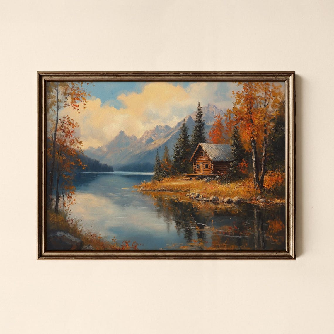 Autumn Lakeside Log Cabin Mountain Reflection Fall Landscape Poster