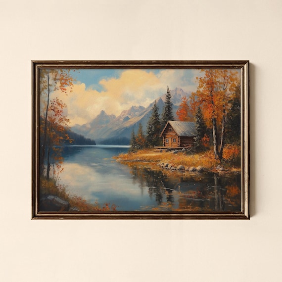 Autumn Lakeside Log Cabin Mountain Reflection Fall Landscape Poster
